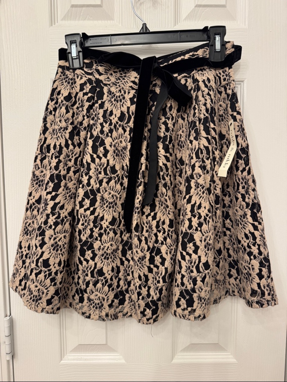 Robbi & Nikki Floral Lace A-Line Skirt with Velvet Tie - Black & Latte Color